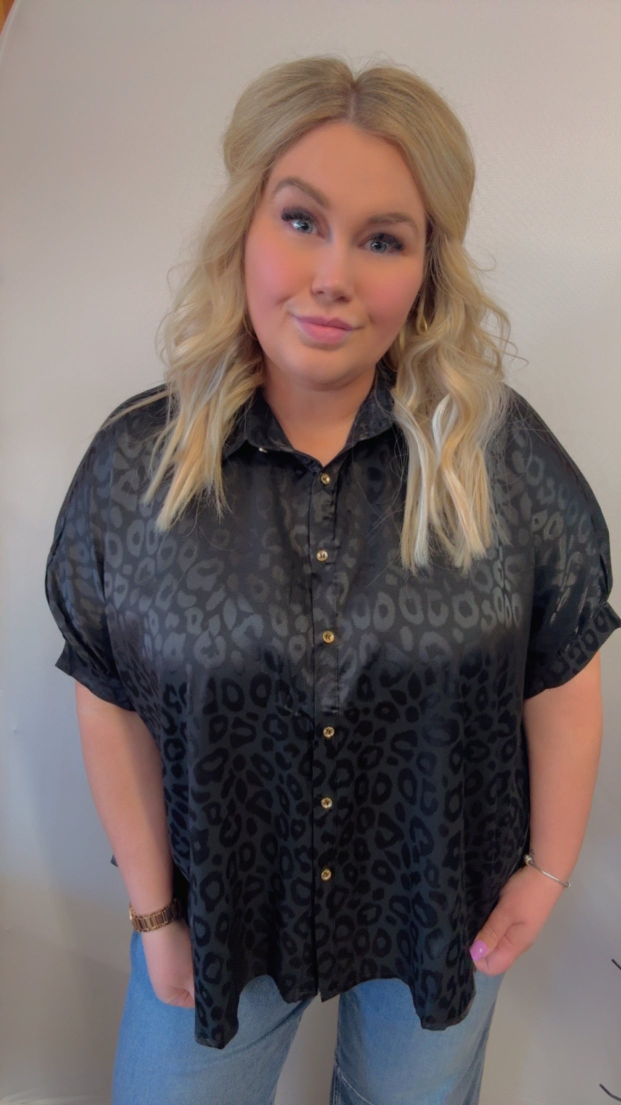 Black Satin Print Button Down Top